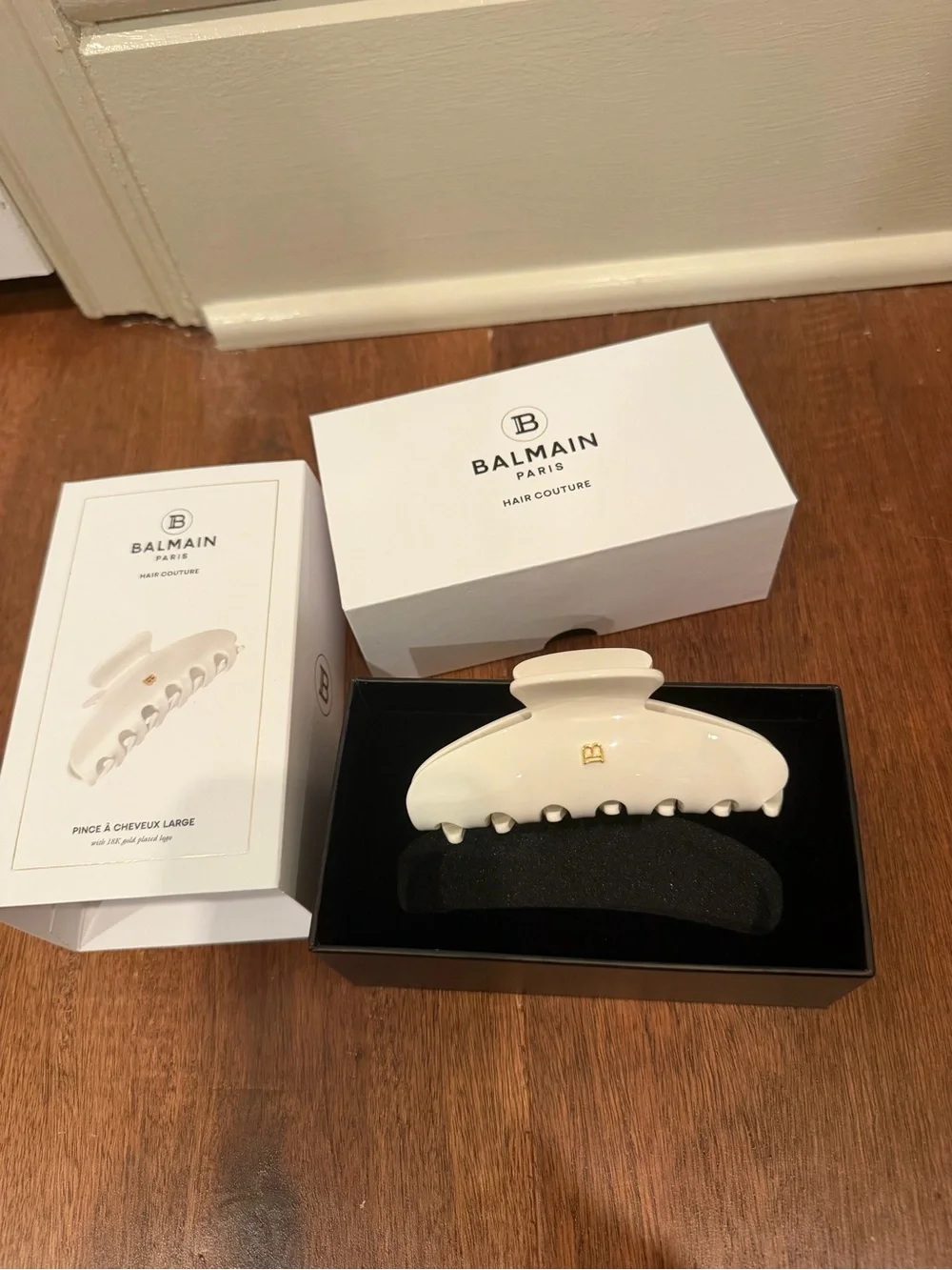 Balmain Cream Acrylic Hair Claw Clip with Gold Logo